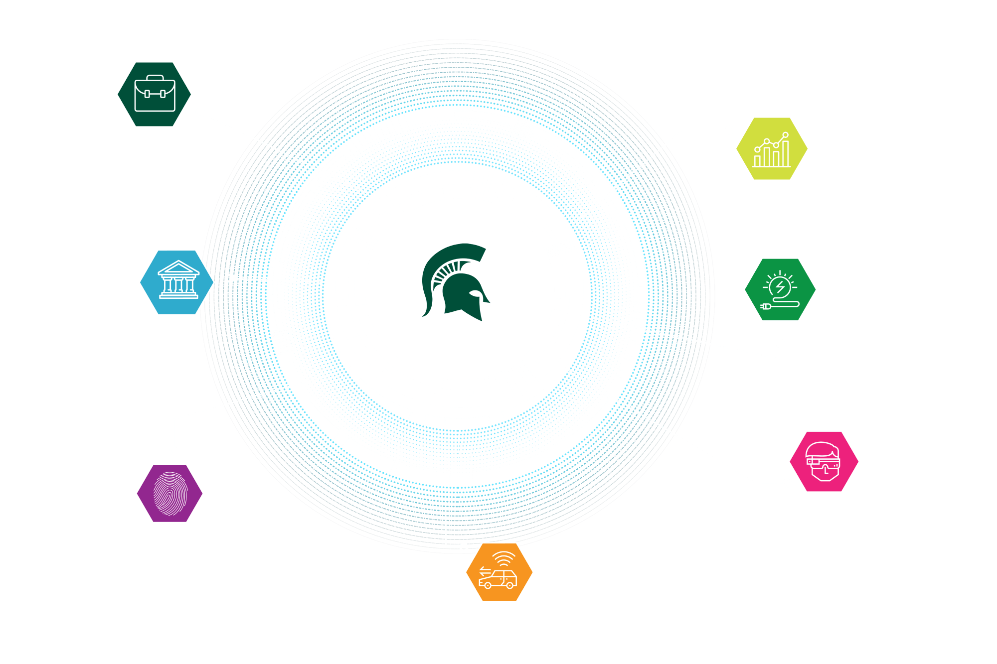 Circular schematic diagram showing MSU's impact with hexagonal icons.